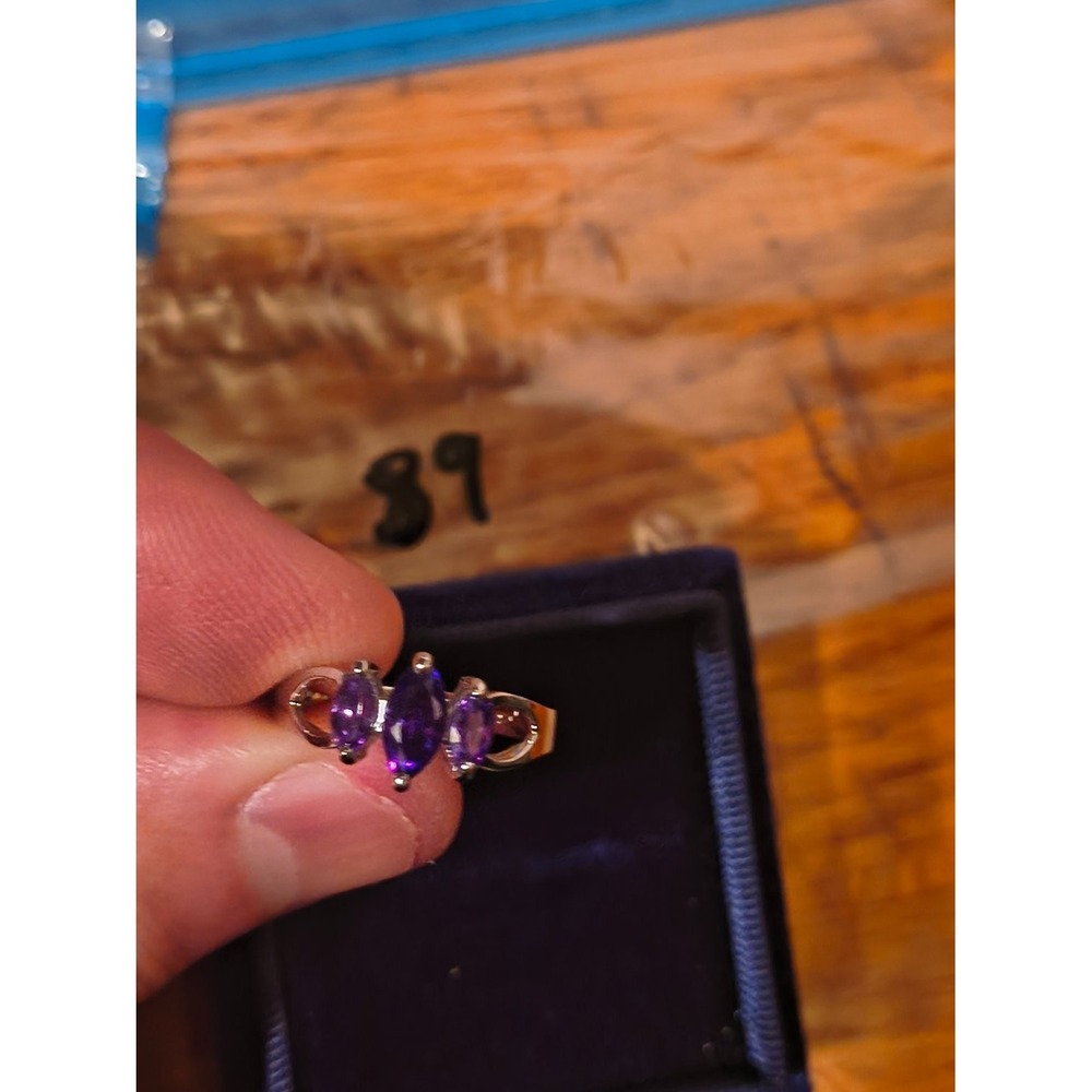 925 Sterling Silver Purple Amethyst Marquise 3 Stone Ring Womens Size 7